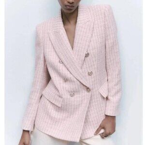 Zara Textured Tweed Double Breasted Blazer Light Pink Silver Tweed. M. NWT